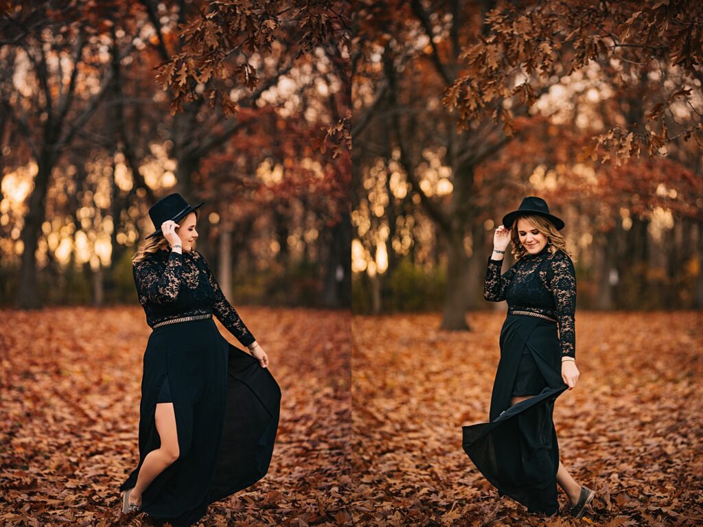 A photo of a woman in a trendy black outfit and hat standing confidently in a park surrounded by vibrant fall foliage. She exudes strength, confidence, and style in this personal branding session