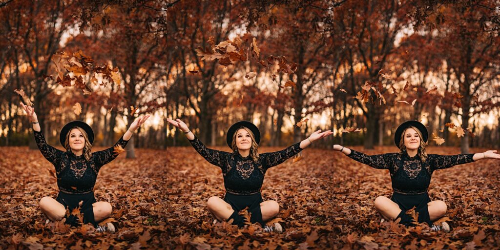 The autumn leaves provide the perfect backdrop for this stylish woman, dressed in a trendy black outfit and hat during her personal branding session.