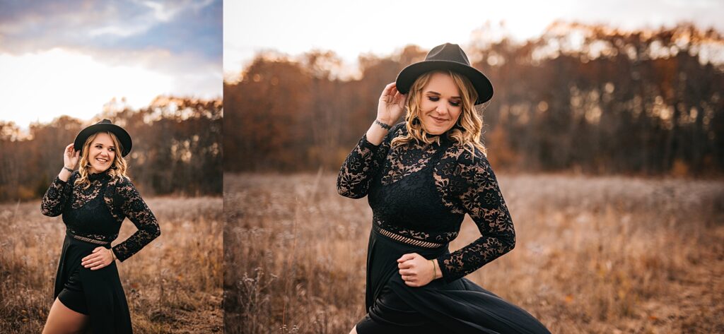 The vast open field provides the perfect backdrop for this woman to showcase her strong and stylish persona in a trendy black outfit, during her personal branding session