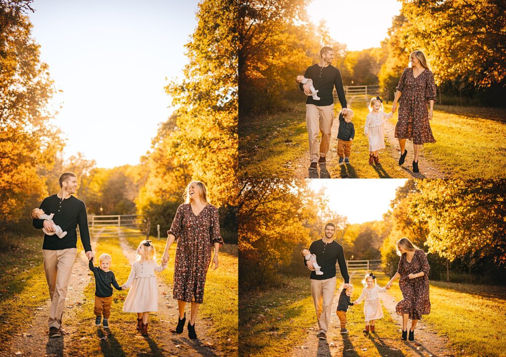 A happy family of five enjoys a sunset stroll together