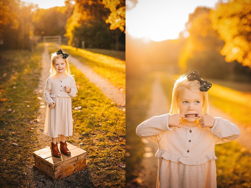 A young girl poses and makes silly faces at sunset