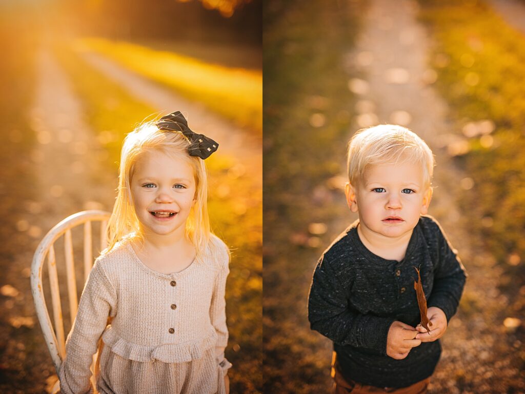 a brother and sister posing for sunset portraits
