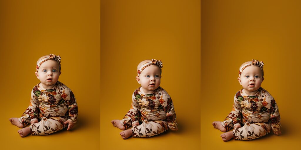 A six-month-old baby captured during a milestone photo session.