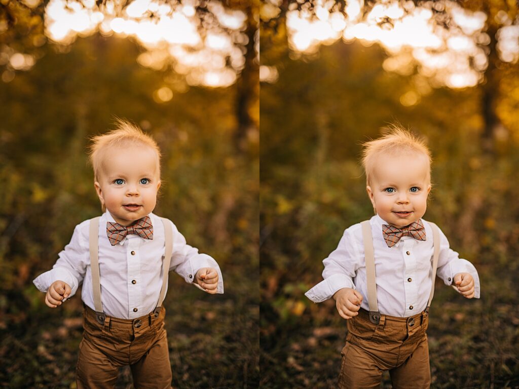 A little boy poses for a portrait during a sunset family session