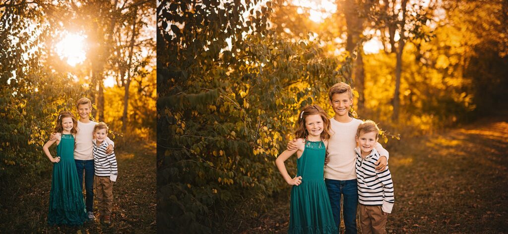 Siblings pose together as the sun sets, capturing their joy