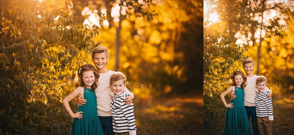 Young children enjoying the warm glow of the sunset in a family photo session