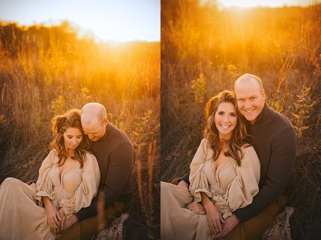 a mom and dad snuggle together in the warmth of sunset at a family photo session