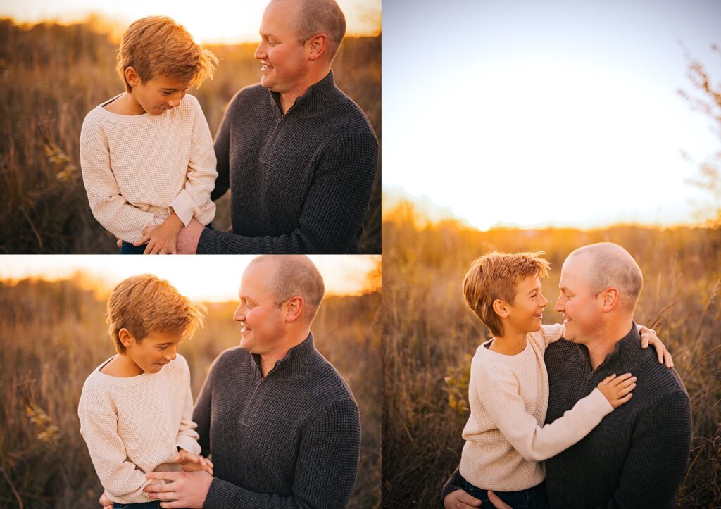 a dad and son share a candid moment of tickles at their sunset family session