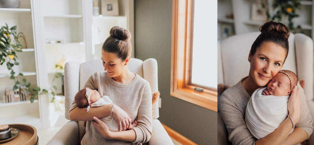 A cozy in-home newborn session capturing a baby peacefully sleeping in mom's arms