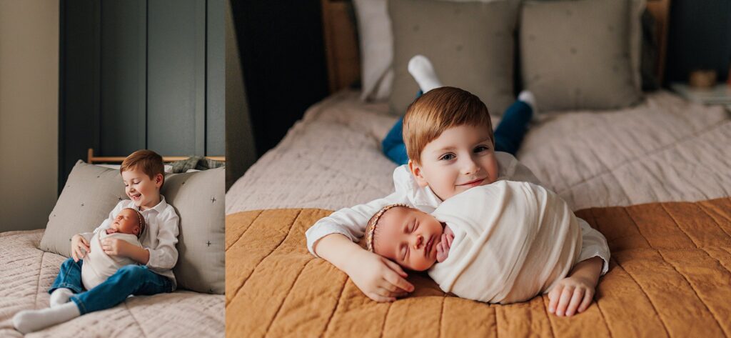 a big brother snuggles with his baby sister during an in home newborn session