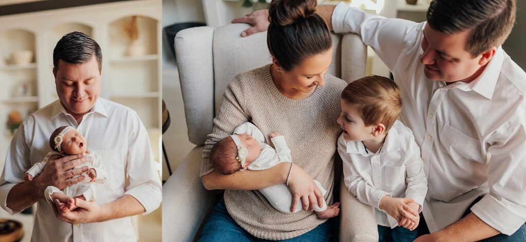 A cozy in-home newborn session capturing a baby peacefully sleeping, a dad snuggles his sweet smiling newborn daughter