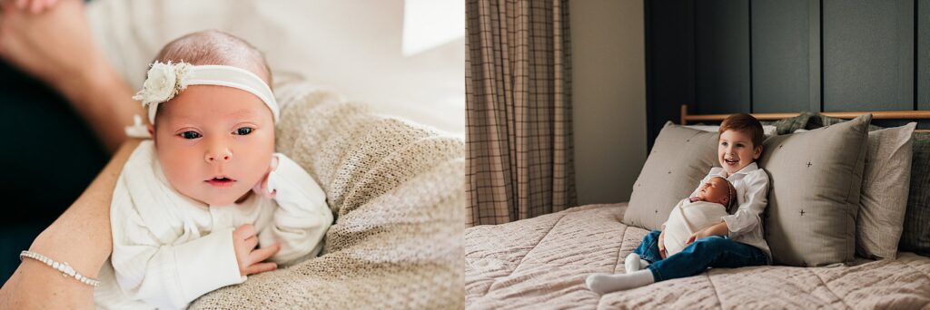 A big brother gently holding his newborn sister during an intimate in-home photo session