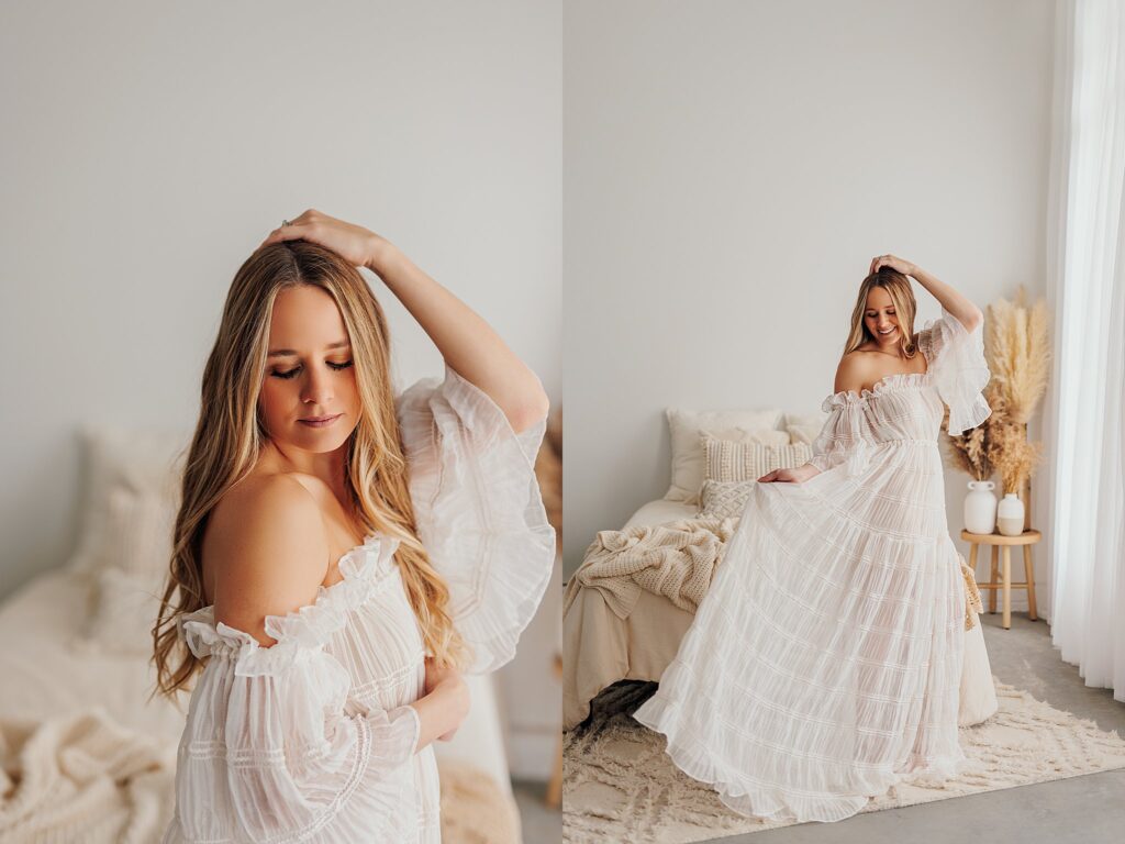 a photo of a mom on her own, smiling, at a motherhood session