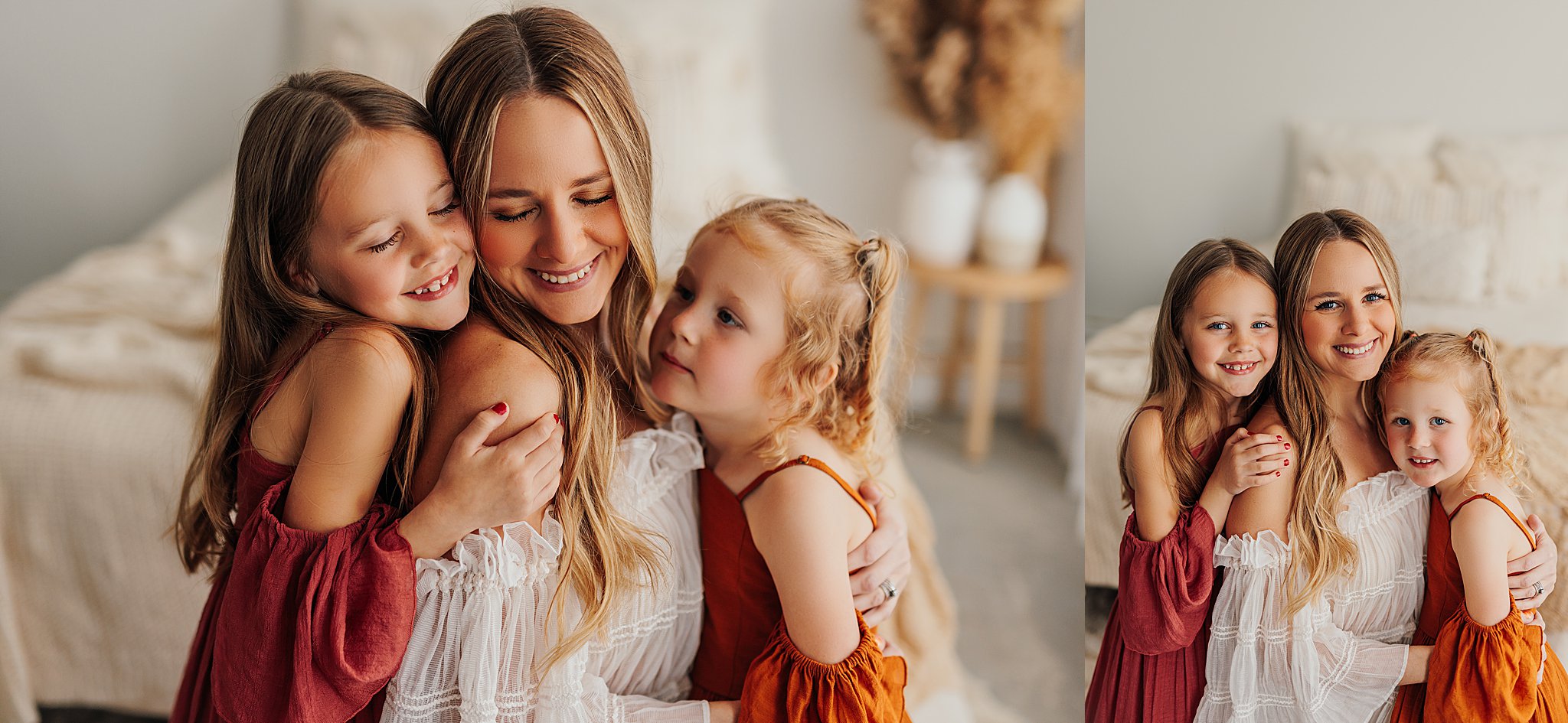 Mother and her two daughters sharing sweet moments during a Mommy and Me session in a Cedar Falls, Iowa studio