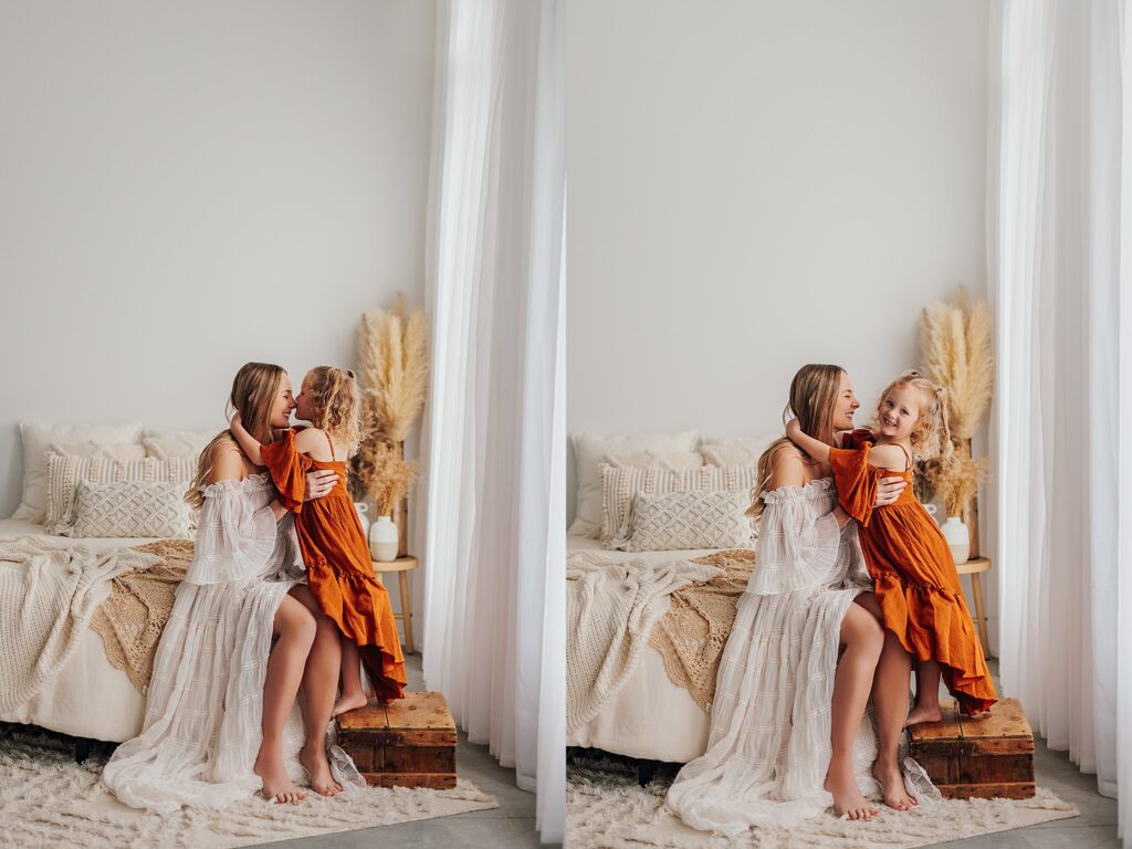 Tender moment between a mother and her daughters, with a mix of solo and sibling shots in a Cedar Falls, Iowa studio