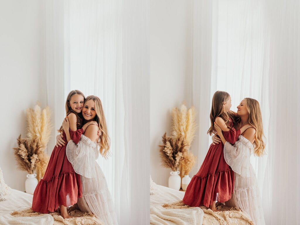 Tender moment between a mother and her daughters, with a mix of solo and sibling shots in a Cedar Falls, Iowa studio