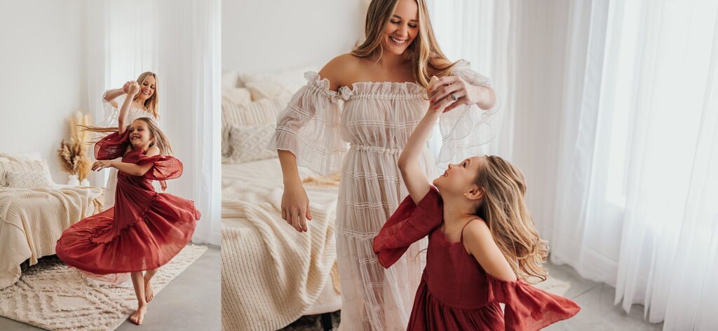 Tender moment between a mother and her daughters, with a mix of solo and sibling shots in a Cedar Falls, Iowa studio