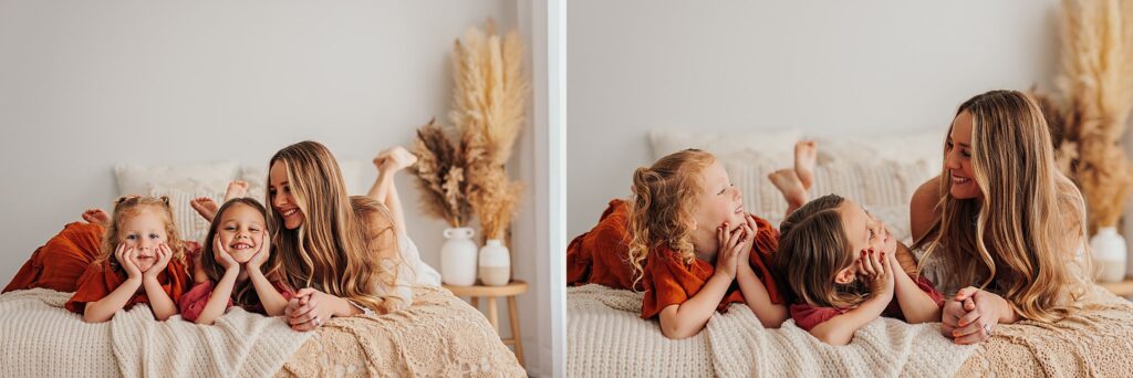 Tender moment between a mother and her daughters, with a mix of solo and sibling shots in a Cedar Falls, Iowa studio