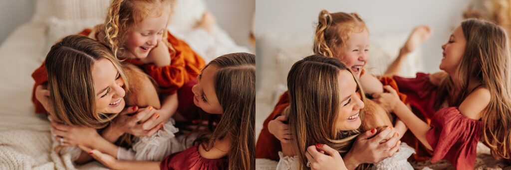 Tender moment between a mother and her daughters, with a mix of solo and sibling shots in a Cedar Falls, Iowa studio