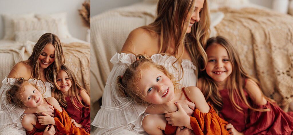 Tender moment between a mother and her daughters, with a mix of solo and sibling shots in a Cedar Falls, Iowa studio