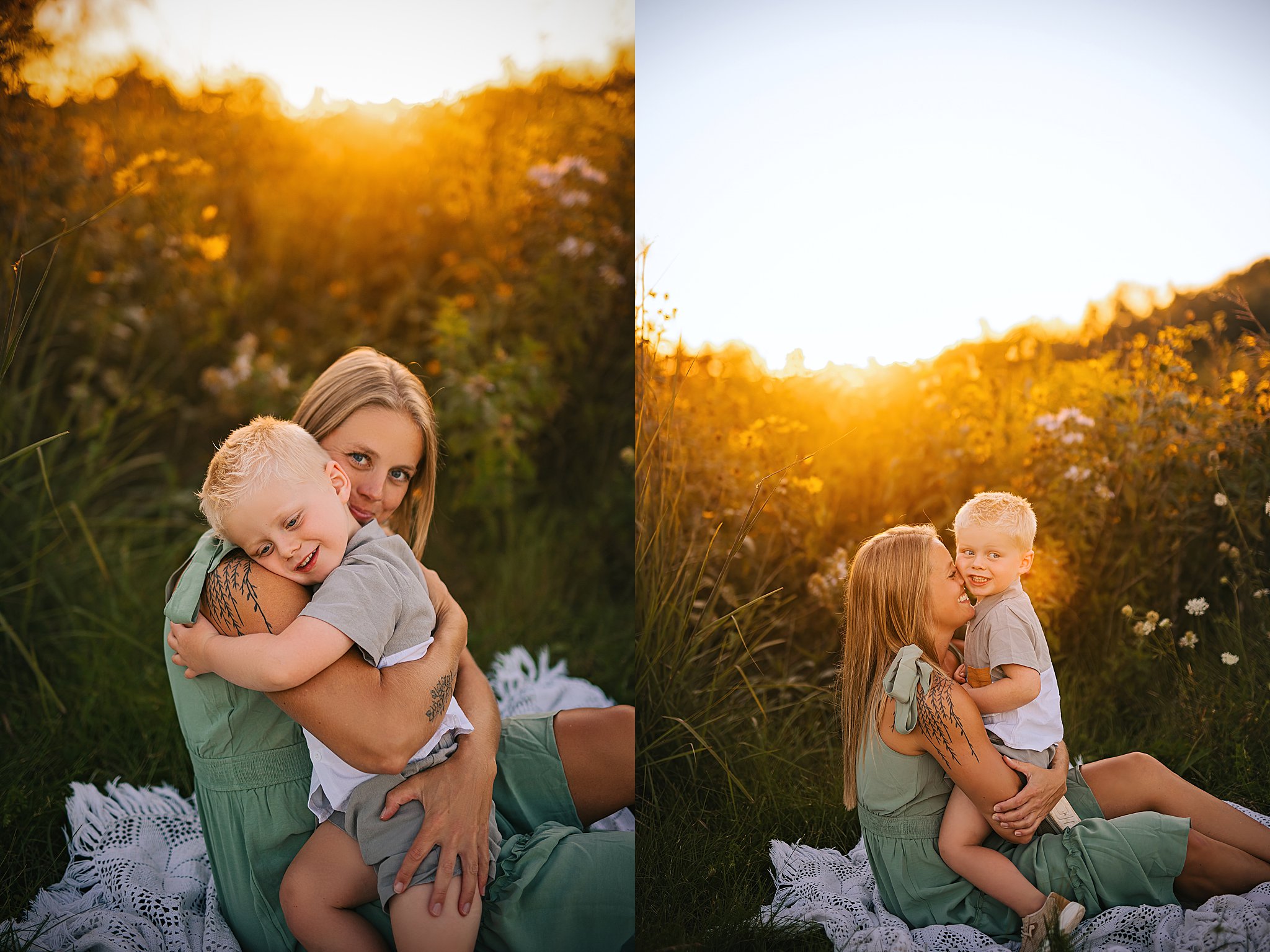 a young boy snuggles his mom at sunset 