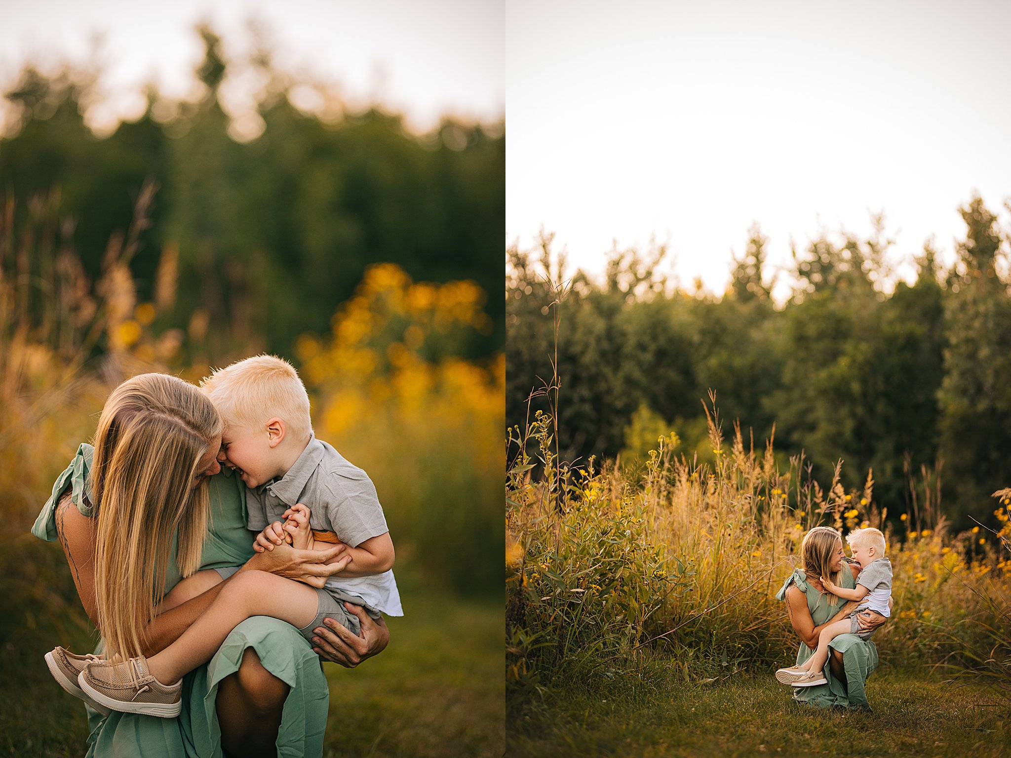 a young boy is snuggled and tickled by his mother 
