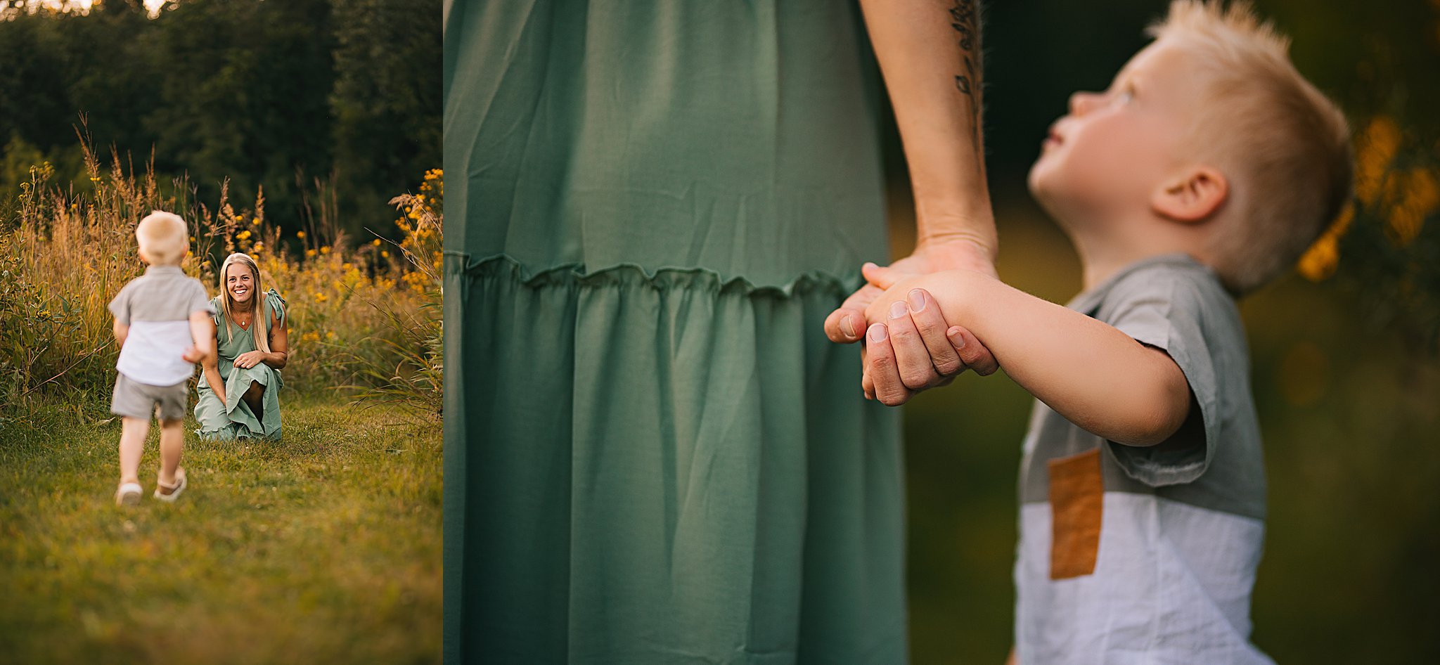 a young boy runs to his mother and holds her hand 