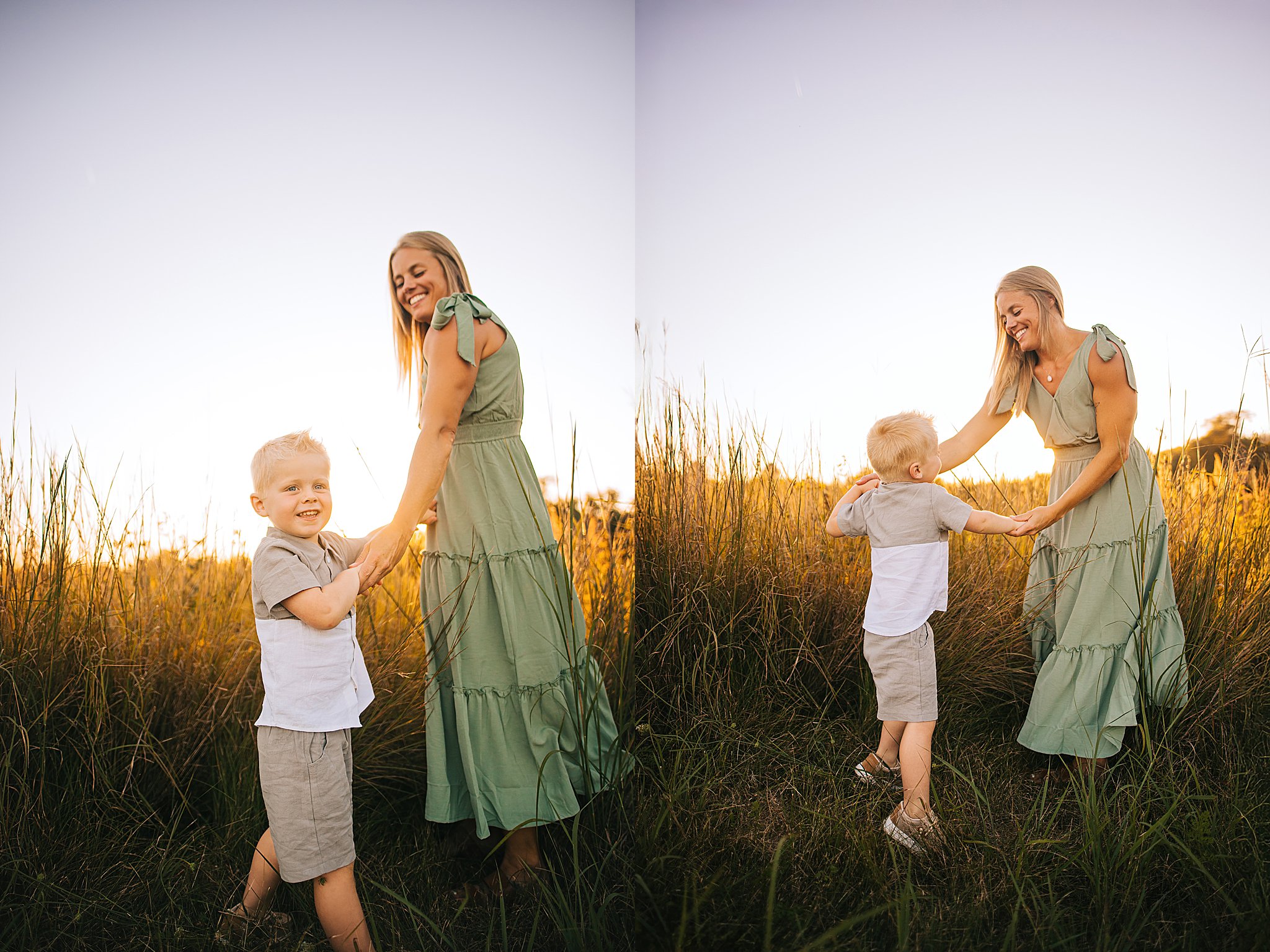 a boy boy dances with his mom in a field 