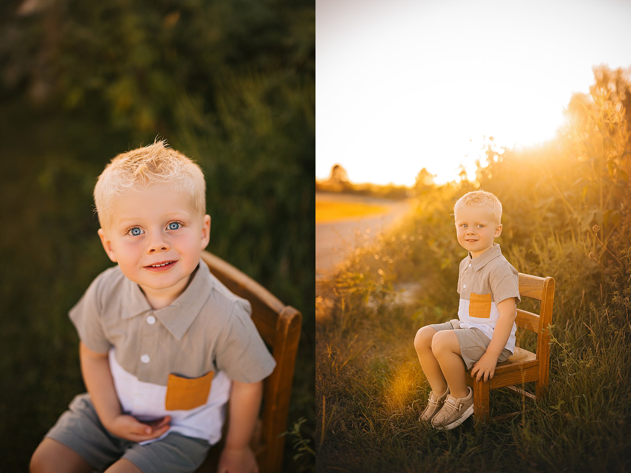 a boy smiles in the sunset fields on a late summer day