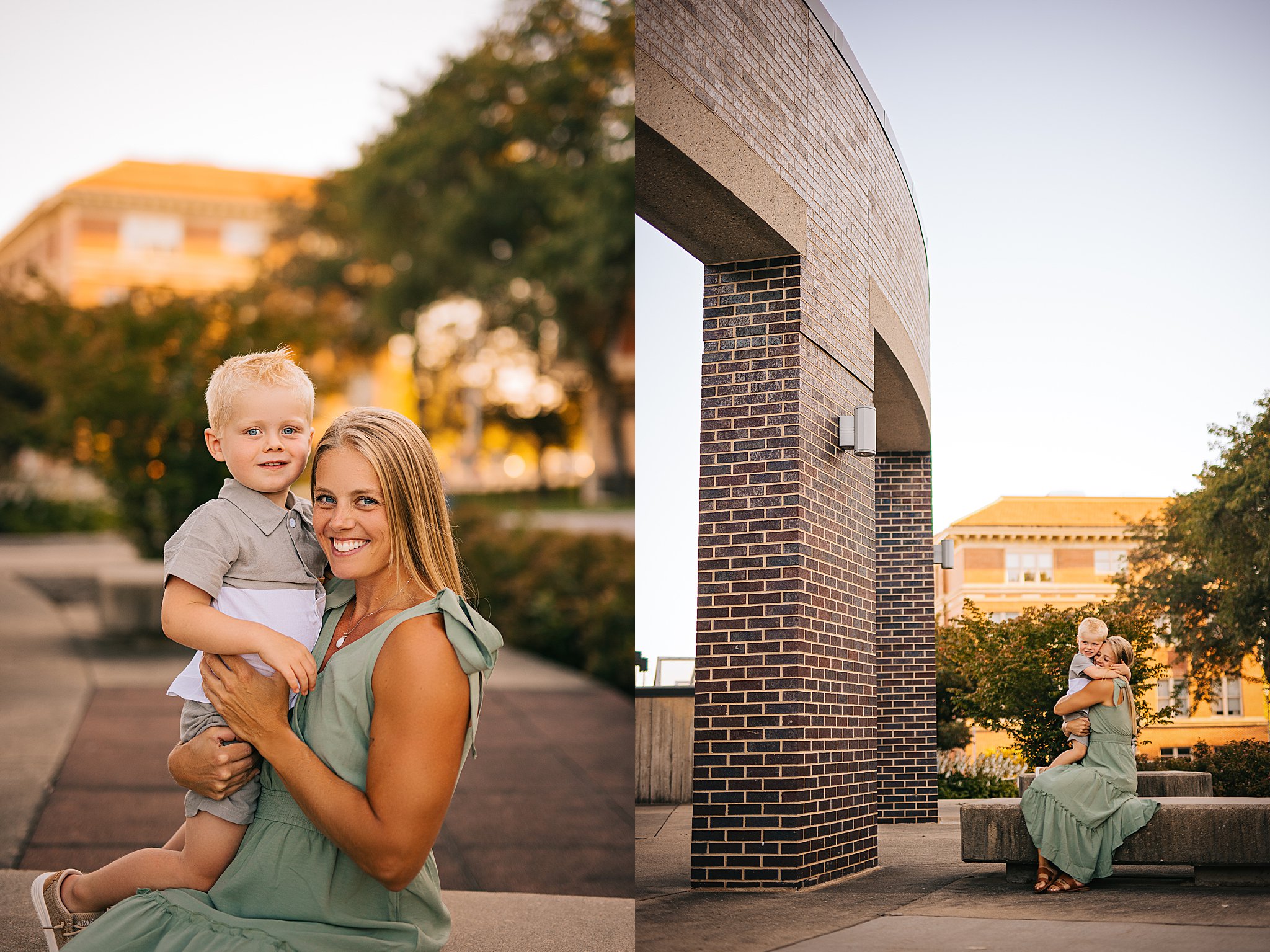 a boy snuggles with his mom on the campus of the university of northern iowa