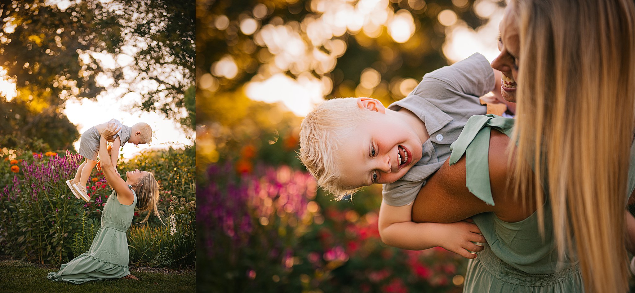 a boy smiling in wildflowers in cedar falls iowa with his mom