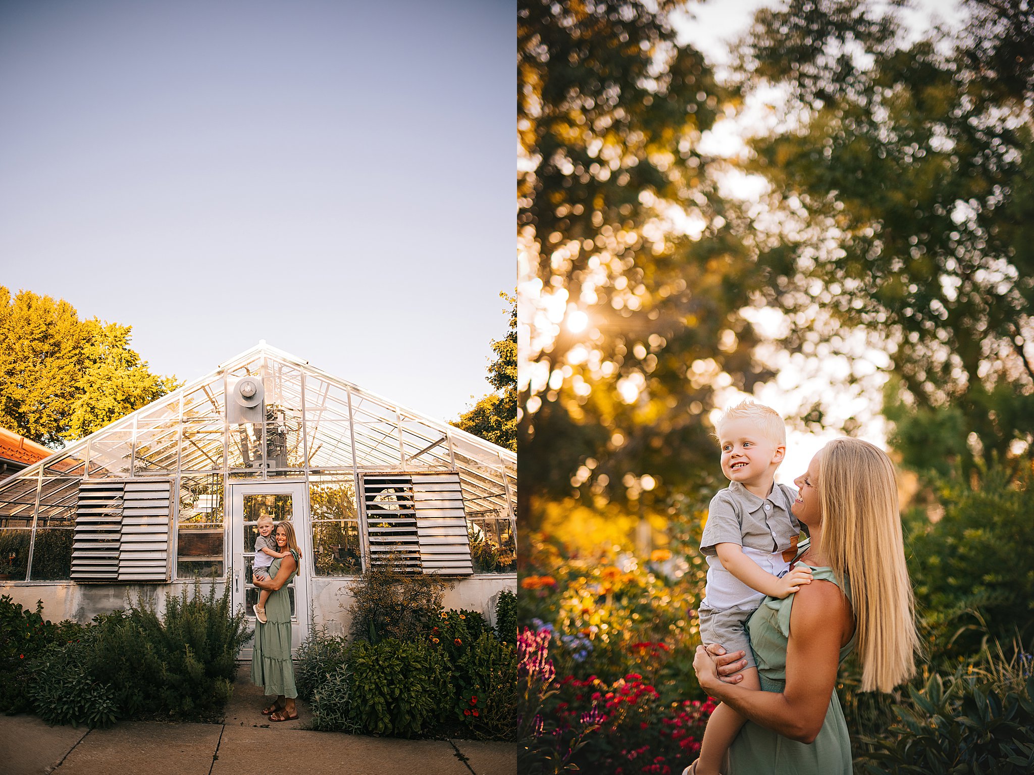 a boy smiling in wildflowers in cedar falls iowa with his mom near a greenhouse on the uni campus