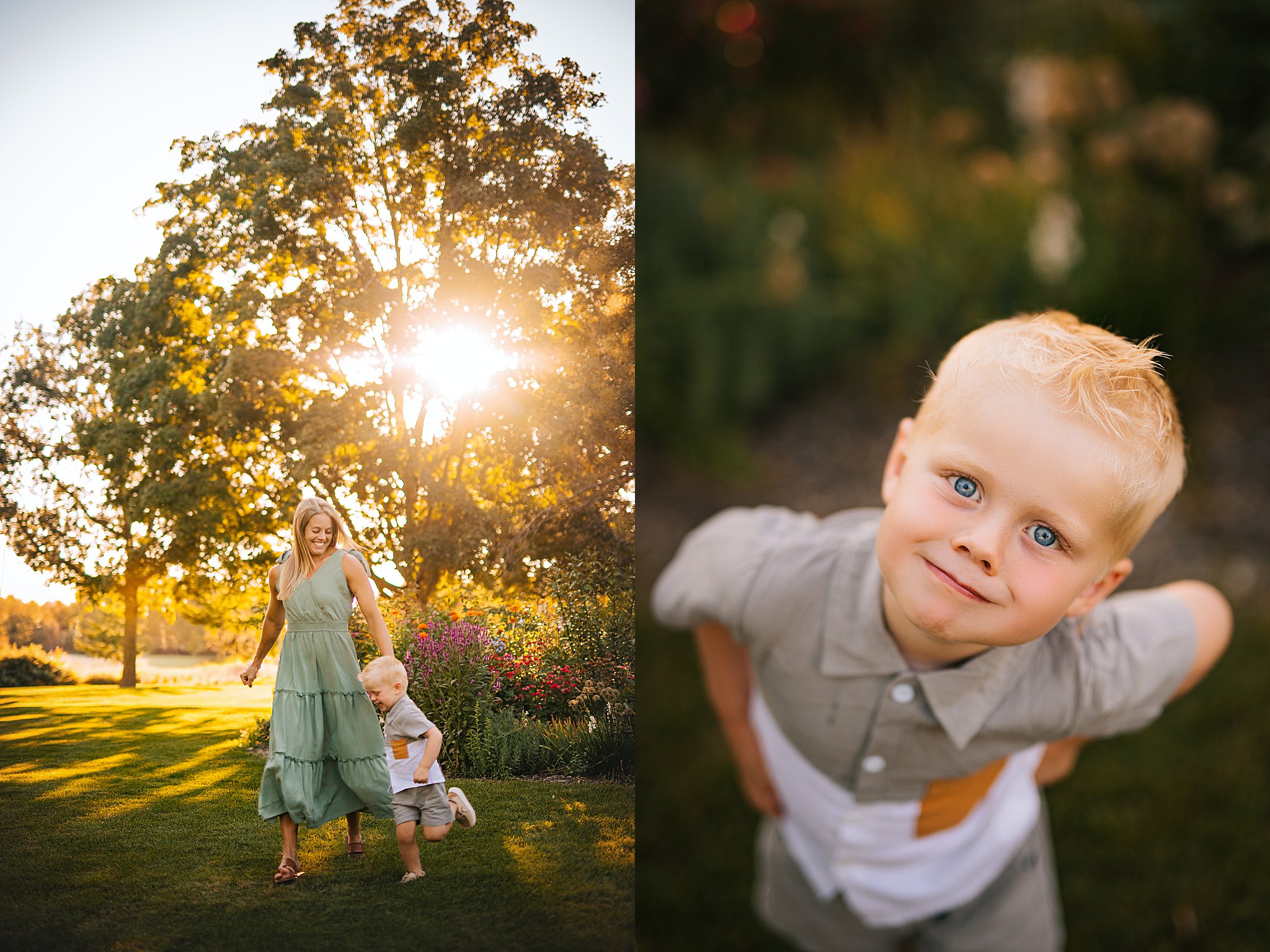 a boy smiling in wildflowers in cedar falls iowa with his mom